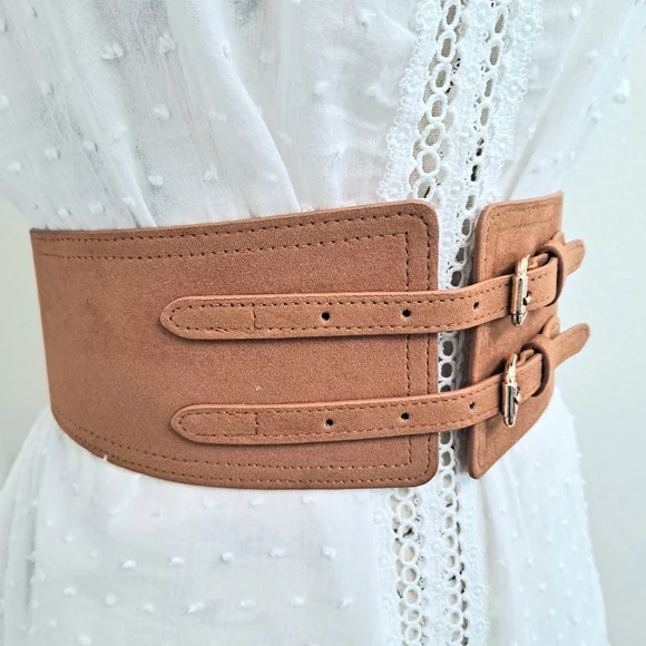 Boho Brown Wide faux suede leather double buckle corset waist elastic belt - Picture 10 of 12